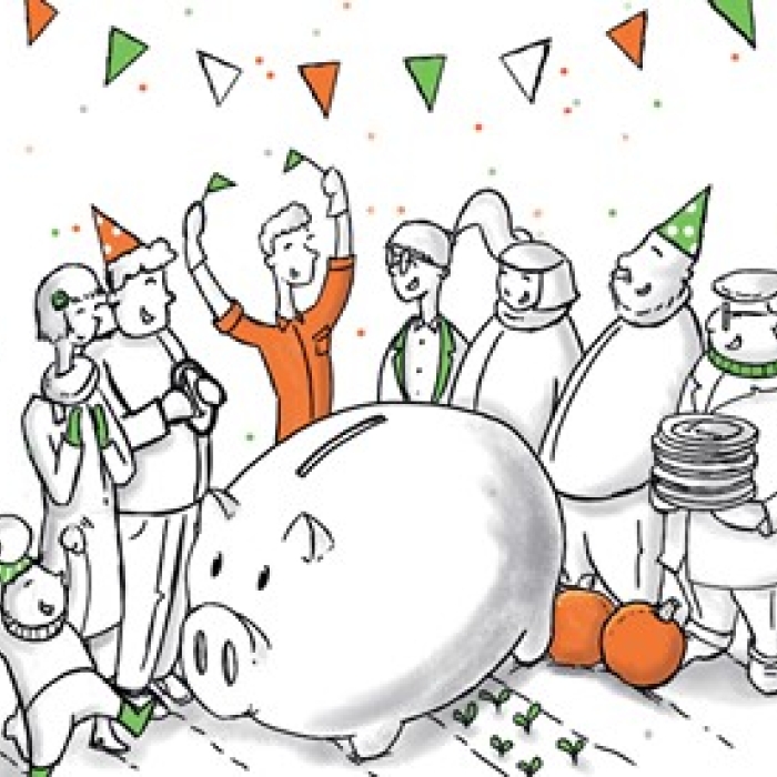 feestende mensen rond ene spaarvarken